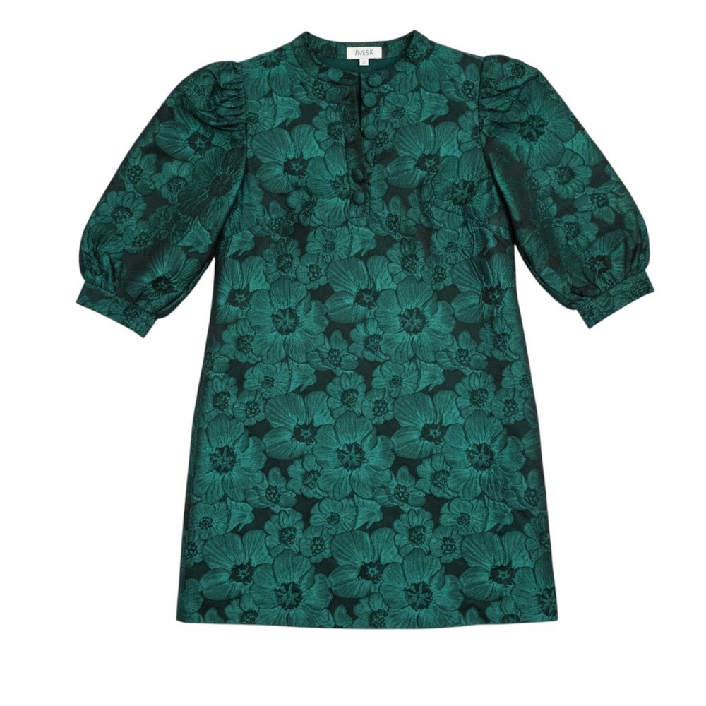Avara Green Floral Jacquard Puff Sleeve Mini Dress Holiday Size Medium
